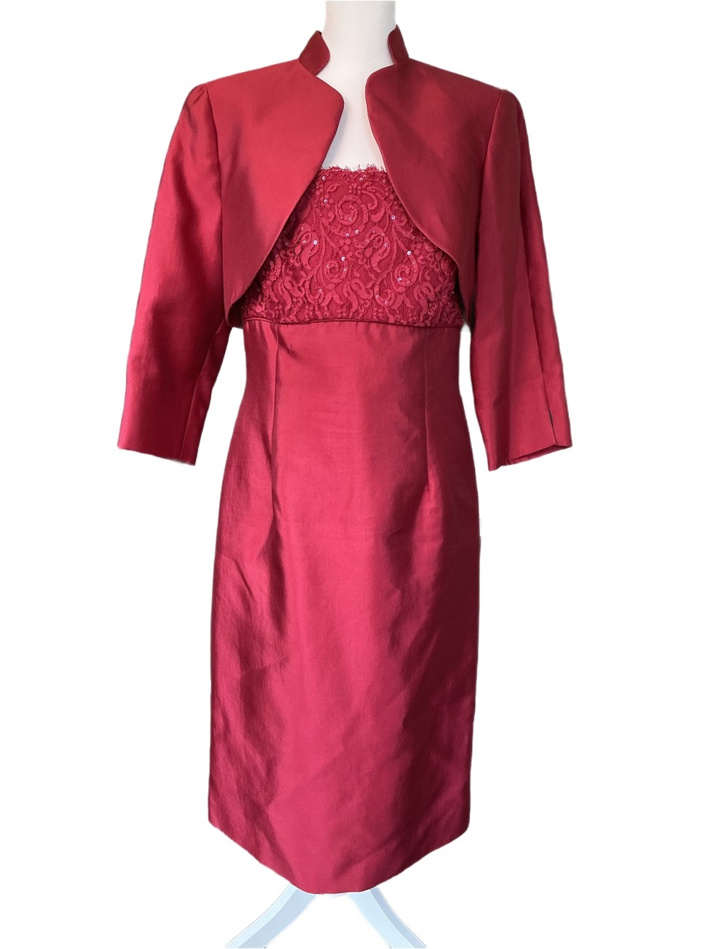Talbots Cranberry Red Classic Modest Beaded Silk Cocktail Dress w Bolero Jacket